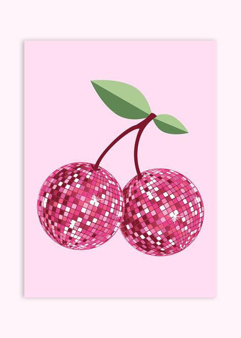 Cherry disco ball Pink Disco Room, Pink Disco Ball Aesthetic, Sorority Room Decor, Pink Dorm Aesthetic, Pink Aesthetic Graphic, Pink Dorm Room Aesthetic, Disco Ball Cherries, Dorm Decor Pink, Cherry Disco Ball