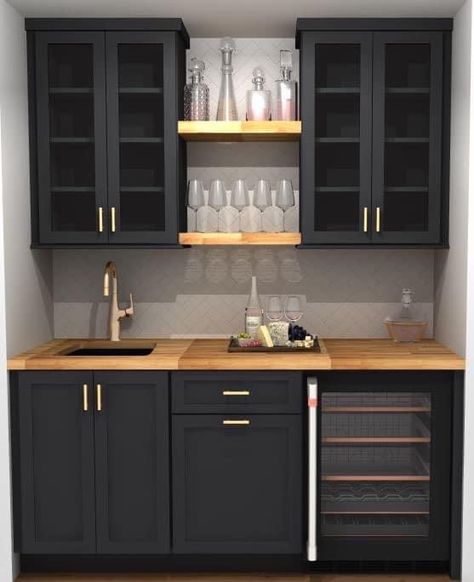 Small Wet Bar With Ice Maker, Black Cabinets Bar Area, Mini Bar With Sink And Fridge, Modern Beverage Station, Dry Bars Ideas Basement, Black And White Wet Bar, 80s Wet Bar Makeover, Bar Closet Ideas Built Ins, Moody Wet Bar Ideas