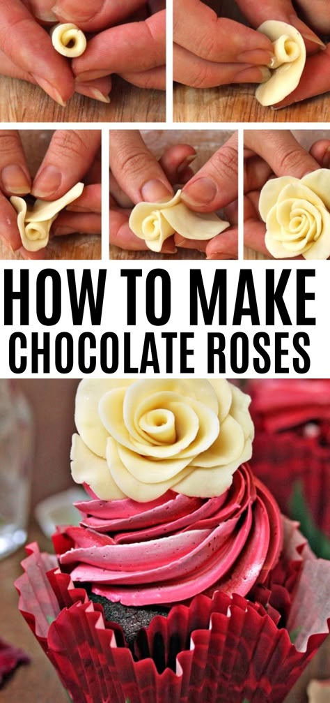 Chocolate Roses How To Make, Edible Roses For Cake, Icing Roses On Cake, Icing Roses Tutorial, Chocolate Domes, Cupcake Frosting Tips, Red Frosting, Icing Roses, Dipped Berries