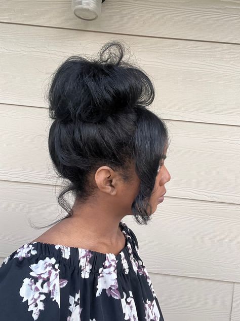 Silk Press Messy Bun, Old Silk Press Hair Hairstyles Updo, Messy Bun Silk Press, Little Black Girls Hairstyles For Kids Silk Press, Silk Press Updo, Silk Press Bun, Silk Press Natural Hair Claw Clip, Messy Bun Hairstyles For Black Women, Messy Bun Black Hair