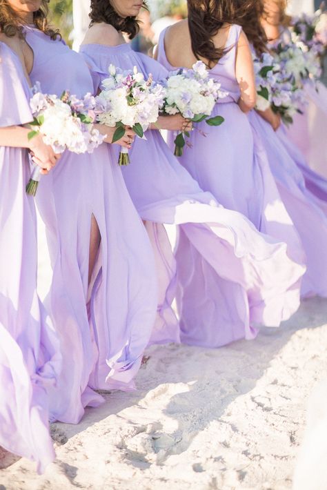 Purple Wedding Dress Bridesmaid, Lilac Wedding Themes, Beach Wedding Purple, Gold Beach Wedding, Lavender Wedding Theme, Rapunzel Wedding, Tangled Wedding, Beach Wedding Bridesmaid Dresses, Purple And Gold Wedding