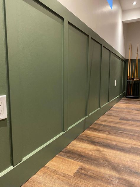 ManMade’s Submit A Project Series: Board and Batten Basement - ManMadeDIY Board And Batten Basement, Green Board And Batten Wall, Batten Hallway, Board And Batten Hallway, White Baseboards, Green Board, Board And Batten Wall, Office Inspo, Basement Walls