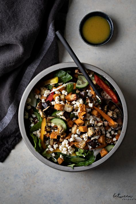 This Eggplant & Sweet Potato Salad Will Go First - Between Carpools Eggplant Sweet Potato, Roasted Eggplant Salad, Roasted Veggie Salad, Sweet Potato Salad, Eggplant Salad, Roasted Eggplant, Romaine Lettuce Salad, Roast Eggplant, Hearty Salads