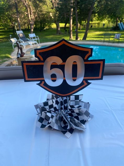 Harley Davidson Bday Party Ideas, Harley Party Decorations, Harley Davidson Party Favors, Harley Davidson Party Decorations, Harley Davidson 60th Birthday Party, Motorcycle Centerpiece Ideas, Biker Birthday For Men, Harley Davidson Centerpieces Ideas, Harley Davidson 50th Birthday Party