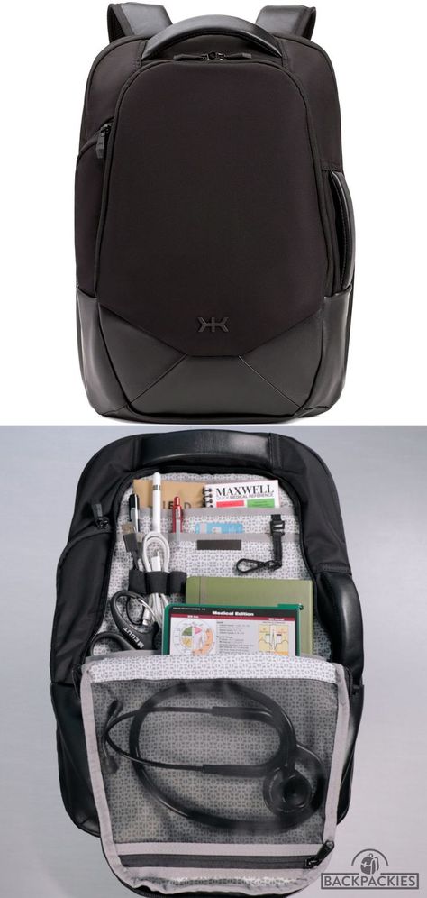 Top photo - The Knack Pack Series 2 backpack in the color black. Bottom photo - inside the organizer compartment of the Knack Pack Series 2 backpack. The pockets are filled with items for medical school such as a stethoscope, medical reference guide book, pens, and phone charger. Backpack For Grad School, Medical School Backpack, Grad School Backpack, Medical School Bag, Backpack University, Best Backpacks For College, Medical Backpack, Np School, Best Backpacks