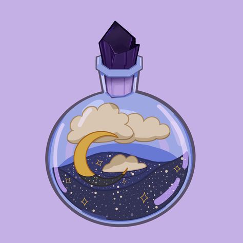 A Night Sky Potion that brings the magic of night to you. Fairy Potions Aesthetic, Magic Potion Bottles Illustration, Magic Jar Illustration, Potion Bottle Painting, Cute Potion Bottles Drawing, Magic Potion Drawing, Magic Bottle Drawing, Potion Bottle Tattoo Magic, Magic Potion Bottles Drawing