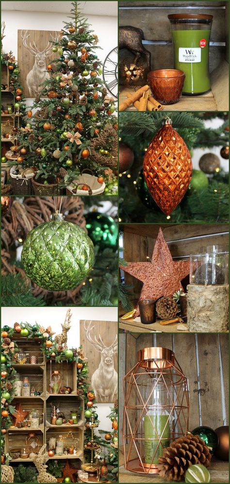 Christmas Inspiration Copper Xmas Tree, Burnt Orange Christmas Tree Decorations, Burnt Orange And Green Christmas Decor, Copper Orange Christmas Tree, Green And Rust Christmas Decor, Orange Christmas Decorations Color, Orange Color Christmas Decor, Copper And Green Christmas Decor, Orange And Brown Christmas Decor