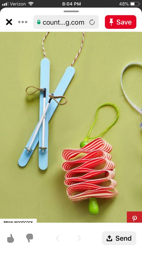 Ski Ornaments, Easy Homemade Christmas Ornaments, Easy To Make Christmas Ornaments, Homemade Christmas Ornaments Diy, Homemade Christmas Ornaments, Homemade Christmas Tree, Wooden Craft Sticks, Ribbon Candy, Homemade Christmas Decorations