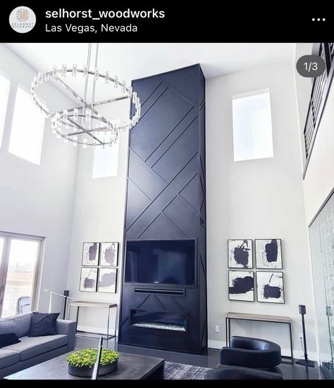 Tall Fireplace Wall Tile, Living Room Fireplace Tv Wall, Geometric Fireplace Wall, Black Chimney, Accent Wall Fireplace Living Room, Black Fireplace Wall, Tall Ceiling Living Room, Modern Fireplace Ideas Living Rooms, Fireplace Modern Design