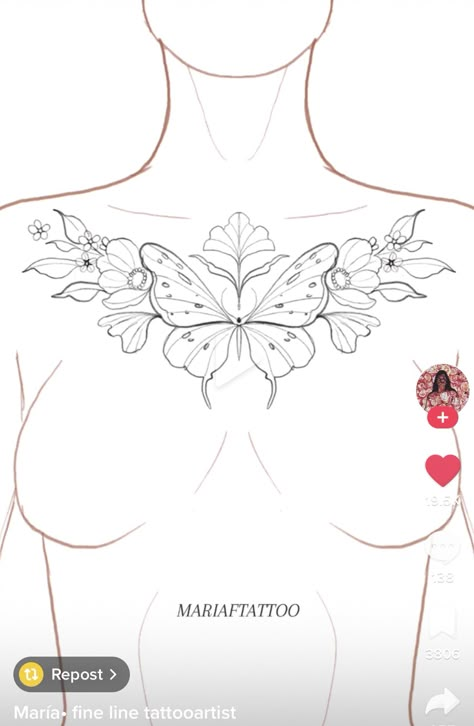 Tattoo Stencil For Woman, Sternum Reference, Upper Breast Tattoo For Women, Moth Tattoo Design Sternum, Butterfly Tattoo Sternum Chest Piece, Tattoo Body Template, Feminine Stomach Tattoos, Female Chest Tattoo Ideas, Moth Tattoo On Sternum