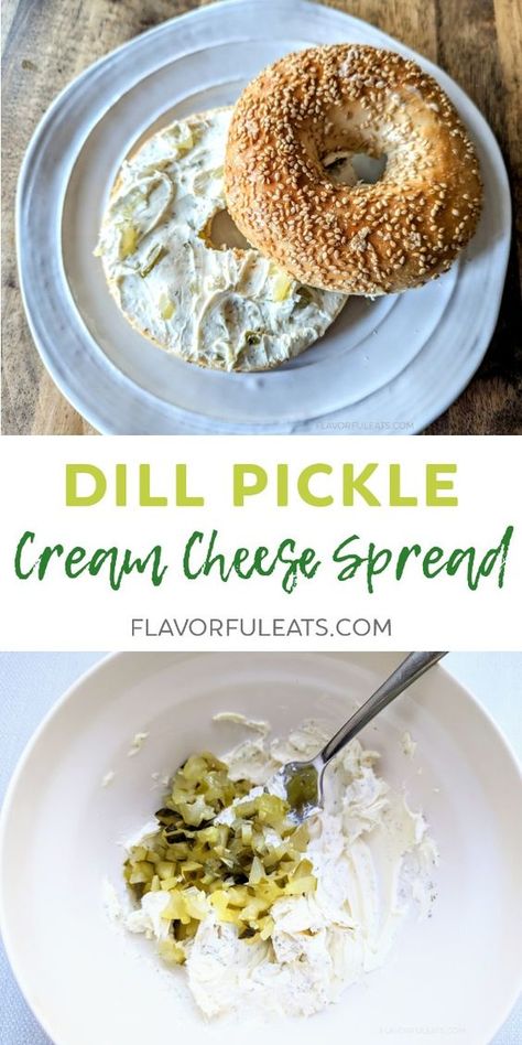 Loaded with tangy dill pickles, herby dill, and a hint of garlic, this Dill Pickle Cream Cheese Spread is packed with flavor!  Whether you’re a pickle fanatic or just love trying new flavors, this spread is fantastic on bagels, wraps, crackers, or dipped with veggies! Dill Pickle Cream Cheese, Bagel Spread Recipes, Pickle Cream Cheese, Pickle Snacks, Dill Pickle Cheese Ball, Slow Cooker Soup Vegetarian, Cheese And Pickle Sandwich, Ranch Oyster Crackers, Bagel Spread