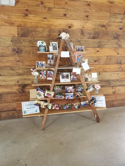 Graduation Ladder Display, Graduation Award Display, Picture Ladder Photo Displays, Open House Photo Displays, Ladder Photo Display, Wooden Ladder Picture Display, Grad Party Ladder Display, Graduation Photo Display Ideas, Ladder Picture Display