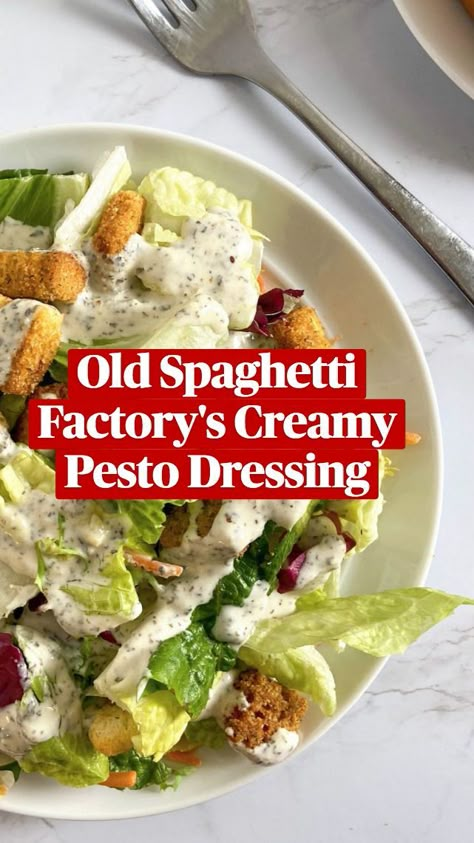 Old Spaghetti Factory's Creamy Pesto Dressing | Salad dressing recipes homemade, Homemade salads, Pesto dressing Unique Salad Dressing Recipes, Olivia Wilde Salad Dressing, Salad Dressings Recipes, Creamy Pesto Dressing, Mizithra Cheese, Spaghetti Factory, Pesto Dressing, Salad Dressing Recipes Homemade, Dried Basil