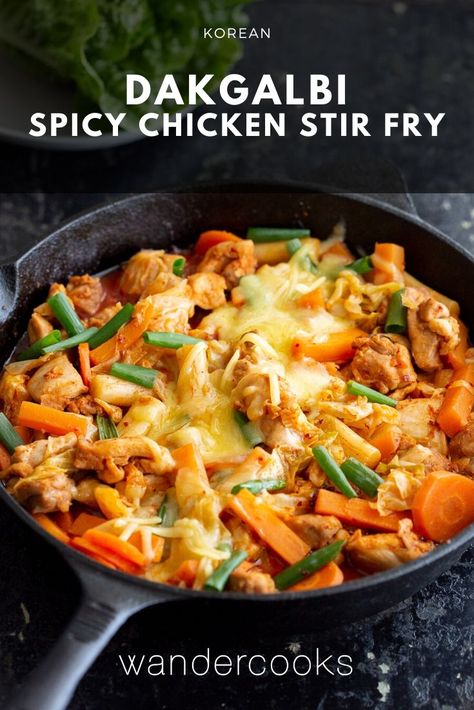 Featuring succulent pieces of Korean spicy chicken stir fried in a mouthwatering Dakgalbi sauce and smothered with melted cheese. Cook it on the stove, or better yet, in the middle of the table surrounded by friends. Spicy Korean Chicken, Korean Chicken, Delicious Veggies, Pork Stir Fry, Spicy Korean, Korean Cooking, Weeknight Dinner Recipes Easy, Easy Asian Recipes, Korean Dishes