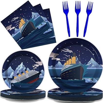 Amazon.com: chiazllta 96 Pcs Titanic Party Paper Plate and Napkins Titanic Birthday Party Table Decoration Supplies Ocean Party Paper Plate Napkin Fork for Party Favors 24 Guests : Toys & Games Titanic Birthday Party, Titanic Birthday, Titanic Party, Birthday Party Table Decorations, Movie Birthday Party, Birthday Party Table, Movie Birthday, Ocean Party, Party Table Settings