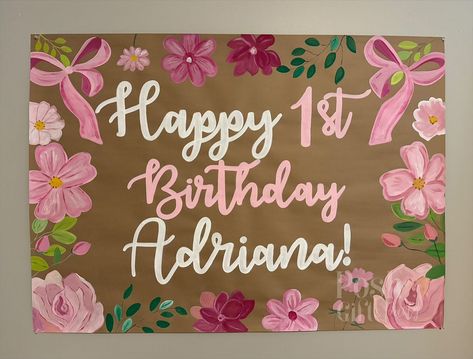 Pretty in pink for the sweetest first birthday! 🎀🌸 This custom hand-painted banner adds the perfect touch of girly charm! #paperbanners #custombanner #birthdaydecor #firstbirthday #1stbirthday Painted Banner, Paint Font, Birthday Painting, Sweet Sixteen Parties, Banner Birthday, Paper Banners, Happy 1st Birthdays, Custom Banners, Birthday Sign