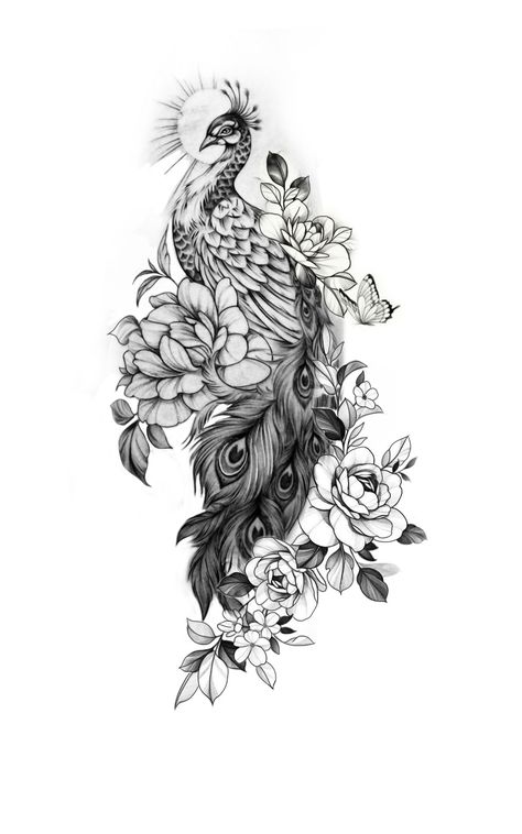 Peacock Tattoo Drawing, Large Peacock Tattoo, Elegant Animal Tattoos, Peacock Tattoo On Thigh, Peacock Wings Tattoo, Peacock With Flowers Tattoo, Peacock Tattoo With Flowers, Peacock Leg Tattoos Women, Cover Up Leg Tattoos For Women