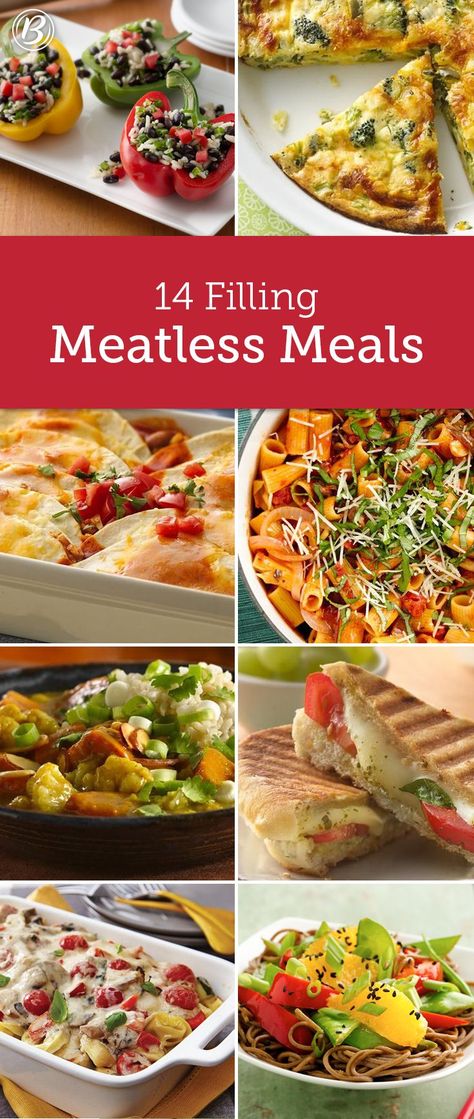 Whether you're looking to save calories or pennies, these meat-free meals deliver on both without skimping on flavor. We're willing to bet no one will even notice they’re technically vegetarian! Meals Without Meat, No Meat, Meat Free Recipes, Vegetarian Dinners, Taco Bell, Filling Recipes, Meatless Meals, Vegan Foods, Veggie Dishes