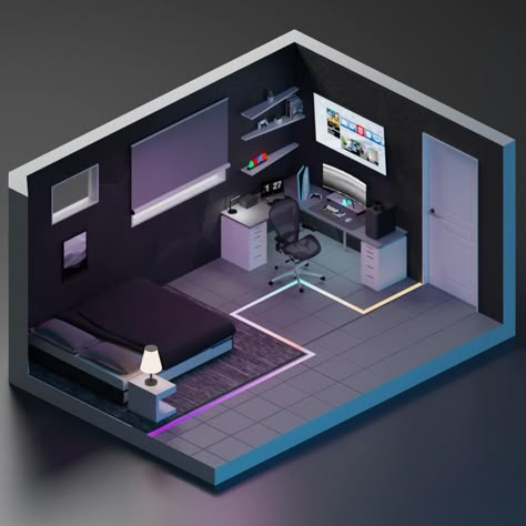 3d Gaming Room Design, Bedroom 3d Design, Small Gaming Bedroom, 3d Isometric Room, Isometric 3d Room, Gamer Bedroom Beds & Frames, Small Room Setup, Boys Game Room, Mens Bedroom Decor