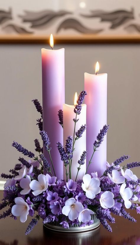 centerpiece with lavender flowers - AI creation Purple Candle Centerpieces, Candle Flower Arrangements, Candle Light Photography, Color Candles, Candle Bouquet, Lavender Decor, Purple Candles, Candle Images, Candle Crafts Diy