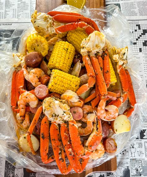 Seafood Boil in a Bag with Garlic Butter - Simple Seafood Recipes Crab Clusters Recipe, Seafood In A Bag, Seafood Bag, Crab Broil, Simple Seafood Recipes, Seafood Boil In A Bag, Corn Boil, Crab Boil Recipe, Low Country Boil Recipe