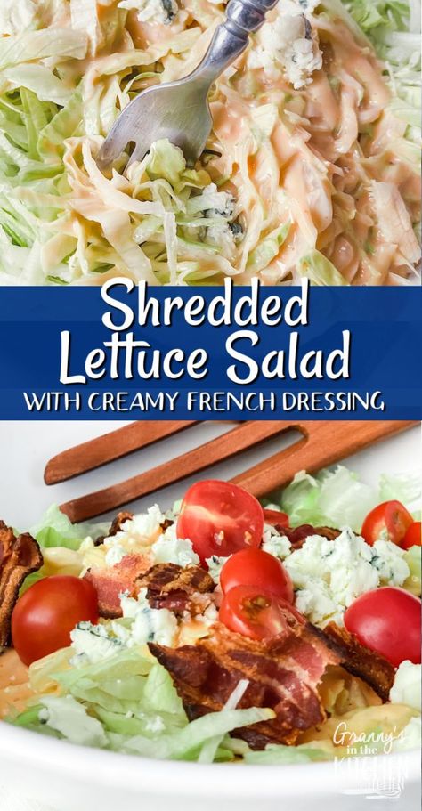 Crispy lettuce and creamy homemade French dressing make this shredded lettuce salad the most crave-able salad you’ll ever taste! Shredded Lettuce Recipes, Iceberg Lettuce Salad Recipes, Iceberg Lettuce Salad, Lettuce Salad Recipes, Lettuce Recipes, Bbq Salads, House Salad, Lettuce Salad, Shredded Lettuce