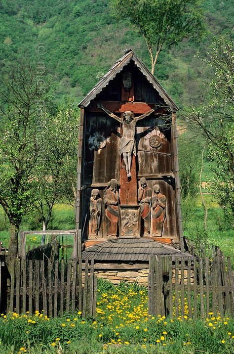 [ROMANIA.MARAMURES 23.704] ’Crucifix.’ The crucifix (troita) at Berbesti is a masterpiece of 17th century woodcarving. Photo Mick Palarczyk. Rural Romania, Romania People, Wooden Churches, Roman Catholic Art, Wolf People, Sheep Clothing, Carpathian Mountains, Home Altar, The Cross Of Christ