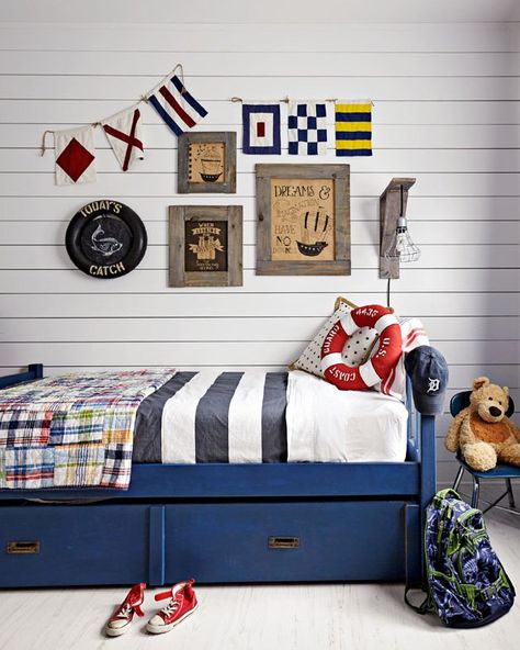 market Kids Bedroom Decor Ideas, Boys Bedroom Sets, Michigan Cottage, White Wall Bedroom, Bed Nook, Boys Bedroom Furniture, Themed Rooms, Signal Flags, Lakeside Living