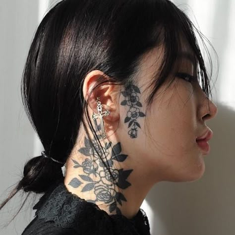 Illustrative Blackwork, Est Tattoos, Small Face Tattoos, Full Neck Tattoos, 2024 Tattoo, Face Tattoos For Women, Side Neck Tattoo, Throat Tattoo, Back Of Neck Tattoo