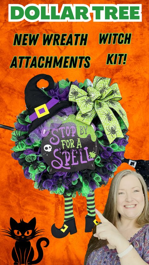 I have a highly requested craft tutorial for you today. Dollar Tree got in four new wreath decorating kits this year for Halloween, a Ghost, Frankenstein, Skeleton, and a Witch. I have already done a tutorial on Frankenstein and the Ghost. I have continued to receive several requests to keep going and do the other two wreath kits. Today you get your wish! A step by step tutorial on the new Dollar Tree decorating Witch Kit. Halloween Dollar Tree Wreath, Diy Witch Wreath Dollar Tree, Dollar Tree Frankenstein Wreath, Witch Wreath Dollar Tree, Ghost Wreath Diy, Dollar Tree Halloween Wreath Diy, Witch Wreaths For Front Door, Dollar Tree Halloween Wreath, Dollar Tree Wreath