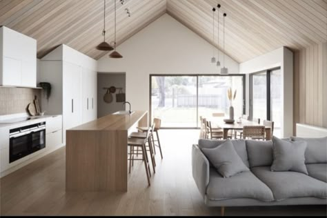 Raked Ceiling, Timber Cabin, Coastal Architecture, Living Room And Kitchen, Modern Barn House, Australian Architecture, Modern Barn, Kitchen Area, Barn House