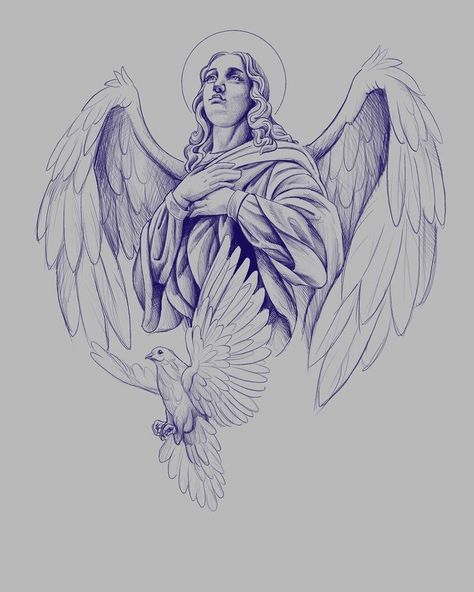 Guardian Angel Tattoo Designs, Guardian Angel Tattoo, Half Sleeve Tattoos Drawings, Religious Tattoo, Chicano Drawings, Stencil Outline, Jesus Tattoo, Angel Tattoo Designs, Religious Tattoos