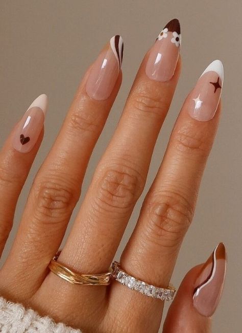 November Nails Ideas French Tip, Beige Almond Nails Design, November French Nails, Nail Art Different On Each Nail, White Fall Nail Ideas, Coffee Inspired Nails, Cosy Nails, Cream And Brown Nails, Fall Almond Nails Designs