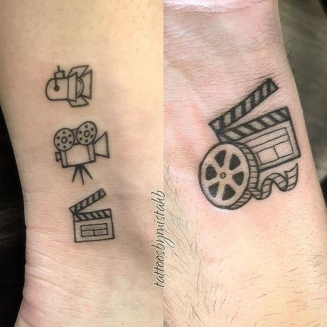 Film Tattoo Lights Camera Action Tattoo, Movie Lover Tattoo, Movie Themed Tattoos, Projector Tattoo, Filmmaking Tattoo, Small Movie Tattoos, Filmmaker Tattoo, Camera Film Tattoo, Movie Tattoo Ideas