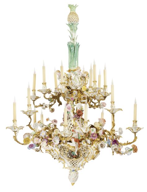 A RARE AND HIGHLY IMPORTANT ROYAL GERMAN ROCOCO PORCELAIN-MOUNTED TWENTY-ONE LIGHT ORMOLU CHANDELIER, KÖNINGLICHE PORZELLAN MANUFAKTUR, BERLIN CIRCA 1765-1786, THE PORCELAIN FIGURES AFTER MODELS BY FRIEDRICH ELIAS MEYER, THE ORMOLU MOUNTS AFTER OR BY PIERRE GEOFFROY Rococo Porcelain, Rococo Chandelier, German Rococo, French Lighting, Porcelain Figures, Antique Chandeliers, French Rococo, Historical Design, Antique Chandelier