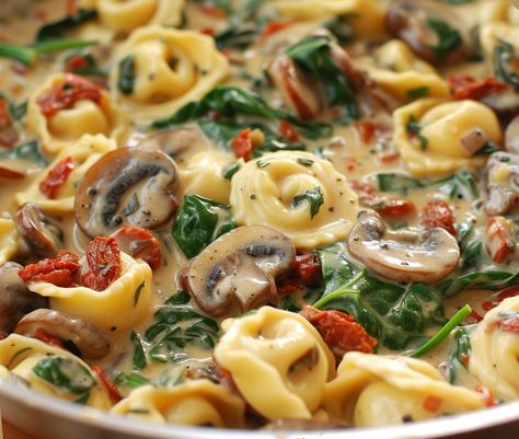 Creamy Tuscan Tortellini Sausage Stuffed Tortellini Recipes, 5 Cheese Tortellini Recipes, Tortellini Recipes Healthy, Crockpot Tortellini Recipes, One Pan Tortellini, Creamy Tuscan Tortellini, Tortellini Recipes Crockpot, Tuscan Tortellini, Crock Pot Tortellini