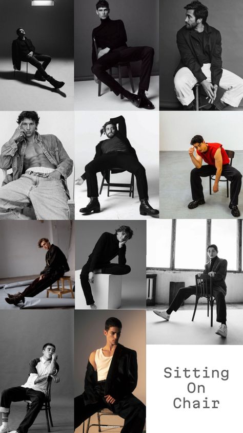 Modeling ideas, photoshoot inspirations Poses With Chair Men, Male Modeling Portfolio Ideas, Man In Chair Pose, Chair Poses For Men, Vogue Male Models, Casual Model Poses Men, Men Model Photography Male Poses, Studio Shoot Poses Men, Cool Men Poses