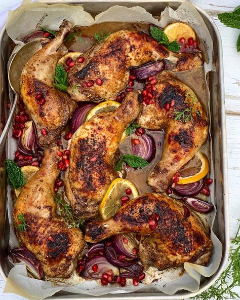 Pomegranate Molasses Chicken, Molasses Chicken, Persian Pomegranate, Roasted Vegetable Couscous, Persian Chicken, Pomegranate Chicken, Molasses Recipes, Vegetable Couscous, Pomegranate Recipes