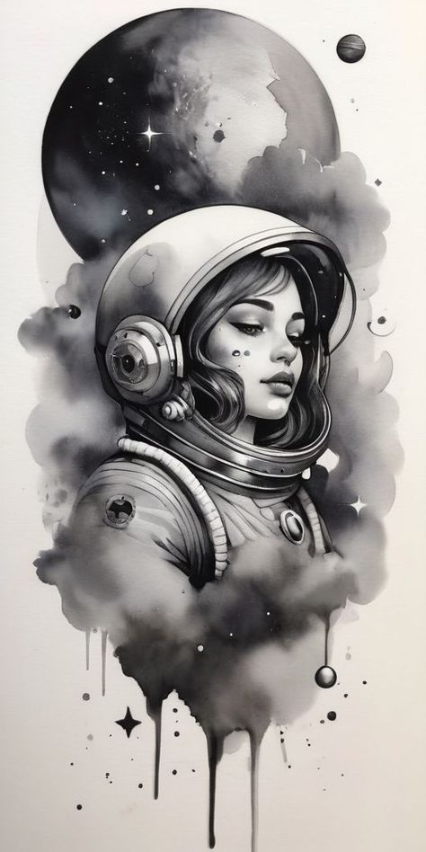 Astronaut Tattoo Design, Black And Grey Tattoo Design, Space Tattoo Sleeve, Astronaut Drawing, Astronaut Illustration, Astronaut Tattoo, Half Sleeve Tattoos Drawings, Girl Face Drawing, Planet Tattoos