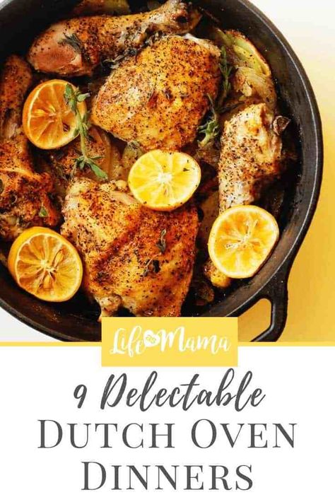 9 Delectable Dutch Oven Dinners Indoor Dutch Oven Recipes, Lemon Roast Chicken, Oven Dinners, Dutch Oven Recipes Cast Iron, Outdoor Recipes, Lemon Roasted Chicken, Le Creuset Recipes, Dutch Oven Chicken, Camping Foods