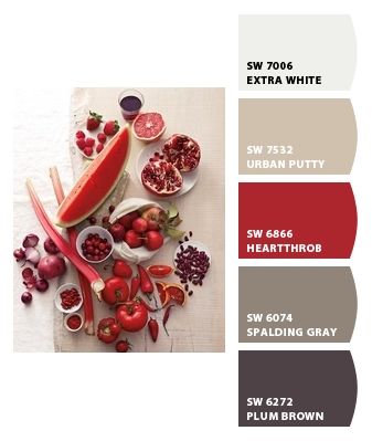 Dining room with red accent wall?   Paint colors from Chip It! by Sherwin-Williams (Spalding gray) Accent Wall Paint Colors, Red Accent Wall, Accent Wall Colors, Accent Wall Paint, House Color Palettes, Living Room Red, Trendy Living Rooms, Room Paint Colors, Wall Paint Colors