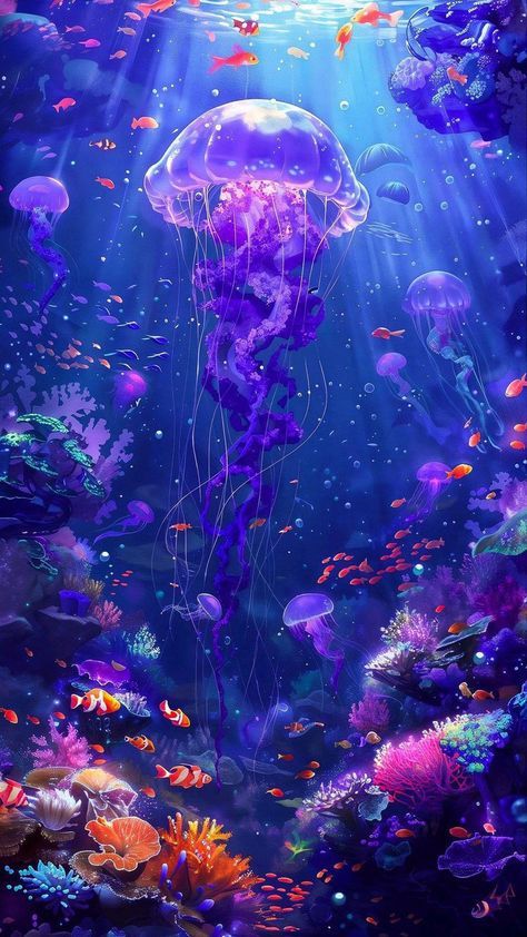 Fantasy Sea Art, Sea Creature Wallpaper, Ecosystem Drawing, Ocean Fantasy Art, Under The Sea Background, Random Sketch Ideas, Fantasy Sea, Aquarium Art, Jellyfish Pictures