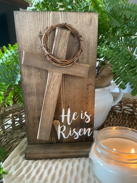 He Is Risen Porch Leaner, Easter Wood Crafts To Sell, Spring Craft Ideas To Sell, He Is Risen Decor, He Is Risen Craft, Wood Easter Decor, Easter Mantle Decor, He Is Risen Sign, Dollar Tree Easter Crafts