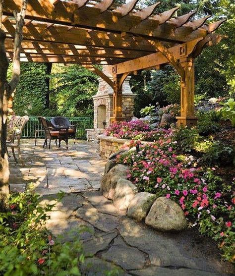 Fireplace + Pergola Stone Patio Designs, Building A Pergola, Pergola Design, Outdoor Stone, Stone Walkway, Wooden Pergola, Budget Patio, Have Inspiration, Patio Makeover