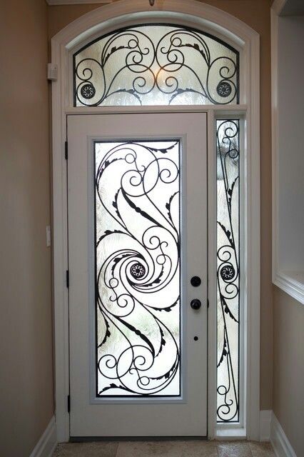 Wrought Iron Door Inserts, Iron Door Hinges, Wrought Iron Front Door, Glass Door Design, Metal Front Door, Iron Front Door, Wrought Iron Design, Wood Front Doors, Wrought Iron Doors