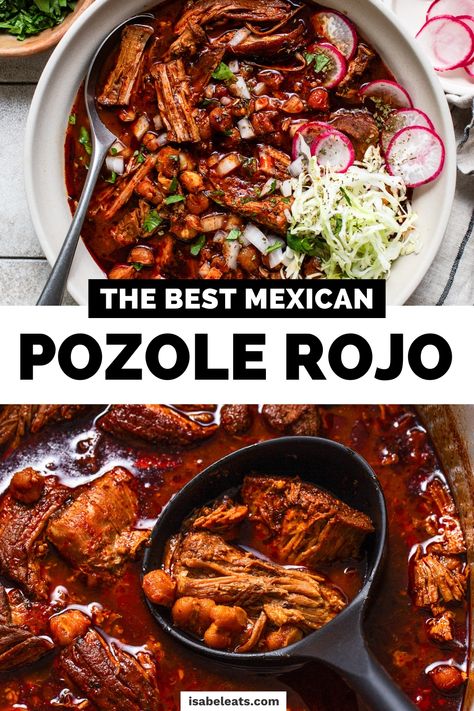 Traditional pozole rojo is the best Mexican comfort food! This authentic stew features tender pork and hominy cooked in a red chile broth. Posole Beef Pozole, Beef Pozole Recipe, Posole Rojo Recipe, Authentic Posole Recipe, Red Posole Recipe, Pazole Recipe, New Mexico Posole Recipe, Authentic Pozole, Pozole Recipe Pork