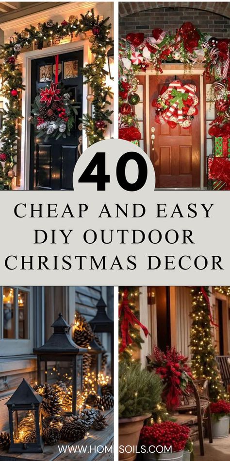 Discover 40 cheap and easy DIY outdoor Christmas decoration ideas to bring holiday cheer to your home. Use simple materials like lights, wreaths, and repurposed items to create festive displays without breaking the bank. Click here for creative tips and step-by-step guides! Diy Front Porch Holiday Decor Ideas, Front House Christmas Lights, Outdoor Christmas Entryway, Back Patio Christmas Decor, Townhouse Outdoor Christmas Decor, Front Lawn Christmas Decor Ideas, Outdoor Stairs Christmas Decor, Sidewalk Christmas Decorations, Simple Outdoor Christmas Decor Porch