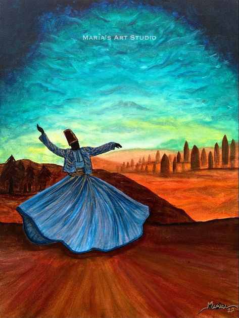 Original Handmade Painting ▪️Title: “RAQS” Whirling Sufi Dervish Painting (Rumi). ▪️Size: 24x18 inches ▪️Medium: Acrylics on Canvas ▪️Protected with Gloss Varnish ▪️Available for Sale ▪️Includes Certificate of Authenticity ▪️Shipping Worldwide ▪️Shipping in a tube. (unframed) Please inbox me to buy Original Art or you can contact me on Instagram (@mariazartstudio) for further queries.📥 I would be happy to assist you 😊 #sufi painting #sufidervesh #dervaishpainting #originalpainting #islami Sufi Art Spiritual, Sufi Painting, Dervish Painting, Dervish Art, Acrylic Painting Modern Art, Sufi Dance, Painting Dancing, Sufi Art, Kinkade Paintings