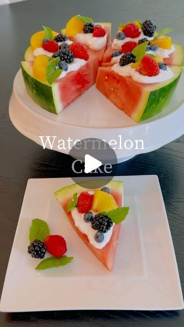 Linda | Home Inspo| Easy Recipes & DIYs | Fun finds on Instagram: "Why make a fruit salad when you can make a watermelon cake! 🍉  This is such a fun and easy way to serve fruit and can also be served as dessert on a warm day.  Once I sliced my watermelon into thick slices, I added vanilla greek yogurt on top. Then add whatever fruit you would like as the topping. Garnish with mint leaves and  you have a beautiful, colorful cake!  #summerdessert #fruitsalad #watermeloncake #healthydesserts #patioseason #fruitcake" Diy Fruit Cake, Healthy Cake With Fruit, Serving Fruit Ideas, Birthday Cake Made From Fruit, Easy Watermelon Cake, Cake Made Out Of Fruit, Fruit Salads For Parties, Fruit In The Shape Of A Cake, Greek Fruit