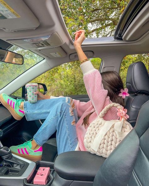 Spring is officially in the air 🌷🎀💐🐝🌸⁠ ⁠ @nicole_jordy wearing Pink Swirl 🛍️ | Instagram Pastel Shoes Outfit, Car Trip Outfit, Road Trip Aesthetic Outfit, Gazelle Outfit, Pink Gazelles, Adidas Gazelle Outfit, Mint Outfit, Looks Adidas, Road Trip Outfit